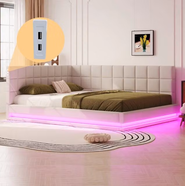 Divano letto 160x200 cm con LED e USB in lino beige