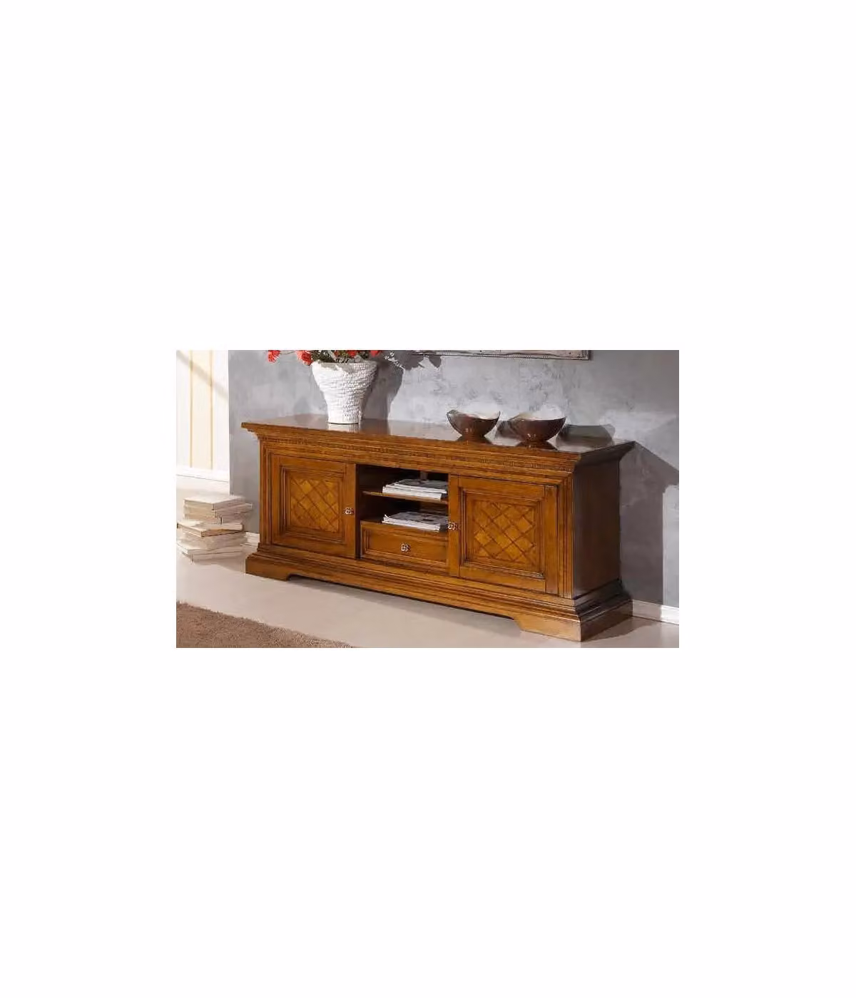 Mobili 2G Mobile per soggiorno in legno con intarsio geometrico a rombi, colore noce, L: 250 cm, H: 235 cm, P: 57 cm – 1
