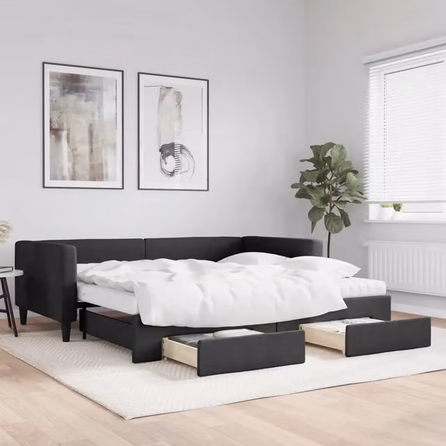 Divano Letto Estraibile con Cassetti vidaXL in Tessuto Nero L/P/H: 223 x 110 x 68 cm con Dimensioni Letto 100 x 200 cm – 1