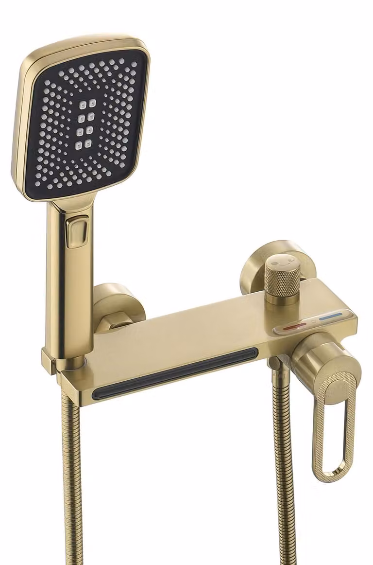 Miscelatore per doccia a cascata con soffione manuale, finitura oro, da montare a parete