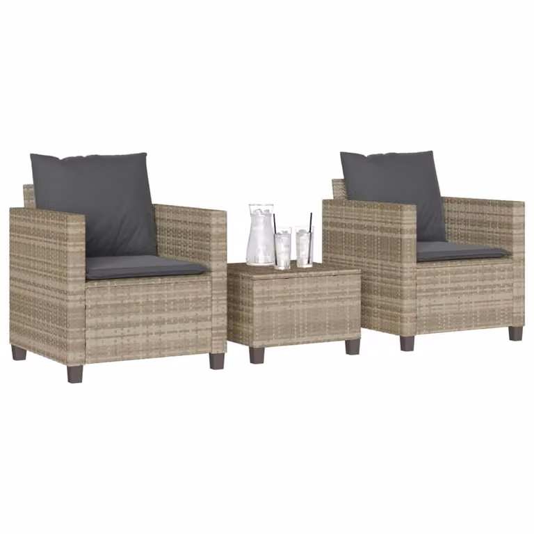 Set da Bistrò vidaXL in Polyrattan Grigio Chiaro con 3 Cuscini