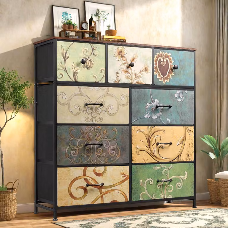Cassettiera Fortuna Lai con 9 cassetti, cassettiera in tessuto con struttura in metallo e superficie in legno, rustica