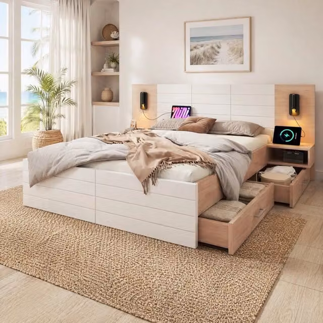 Letto matrimoniale 140x200 cm in legno e MDF bianco e quercia con lampada da lettura e USB