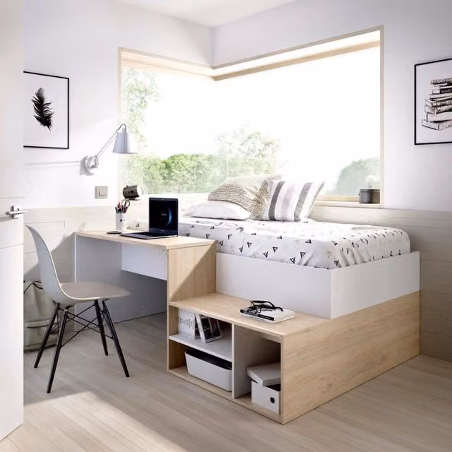 Letto singolo per bambini Argh DMORA con scrivania e scaffali, Bianco e Rovere, L: 195 cm, P: 90 cm, H: 133,8 cm