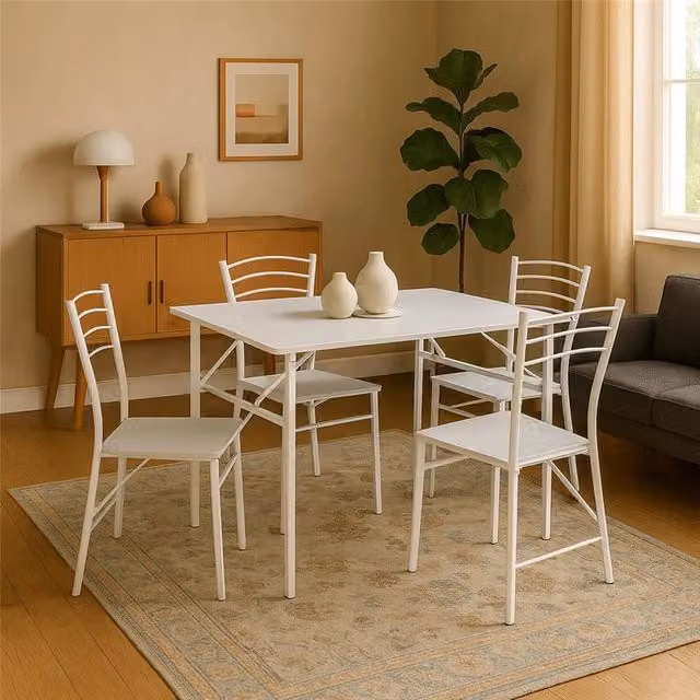 SET EASY CON TAVOLO E 4 SEDIE PIEGHEVOLI COLORE BIANCO, STRUTTURA IN METALLO E SEDUTA IN LEGNO