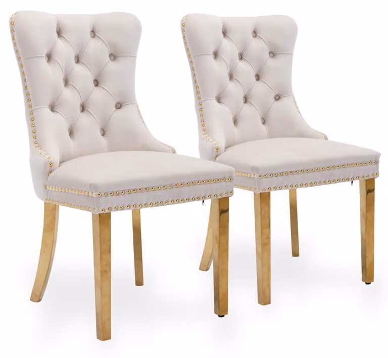 Set di 2 poltrone da pranzo in velluto, con schienale alto e struttura in legno rivestita di gomma dorata, colore beige