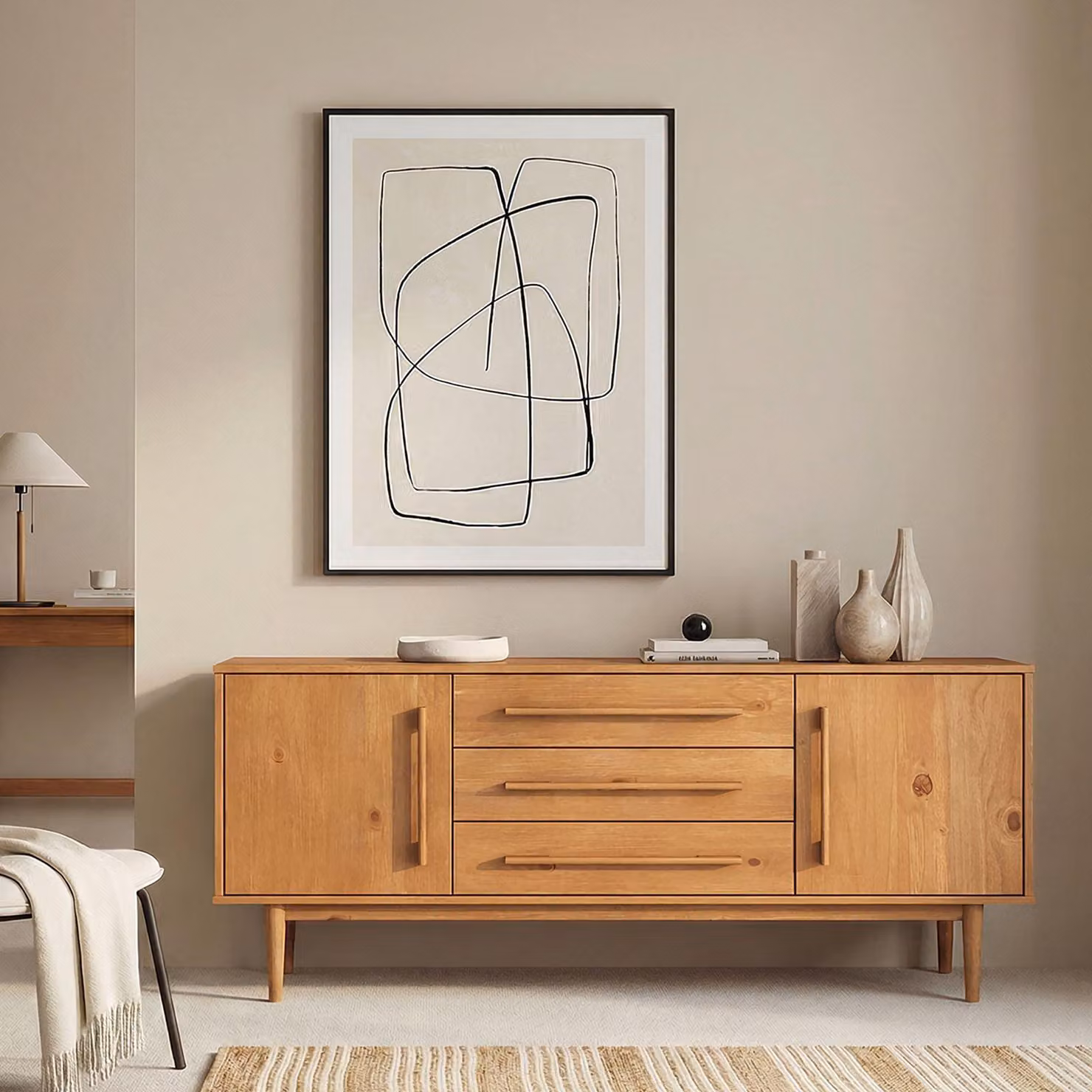 Credenza TECCA con 2 ante e 3 cassetti, colore rovere - credenza in legno massiccio con spazio di archiviazione, cassetti con estrazione in metallo, incluso montaggio a parete, cassettiera per corridoio del soggiorno