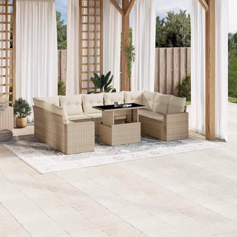 Set Divano da Giardino vidaXL 10 pz a Forma a L con Cuscini Beige e Tavolino in Polyrattan e Metallo