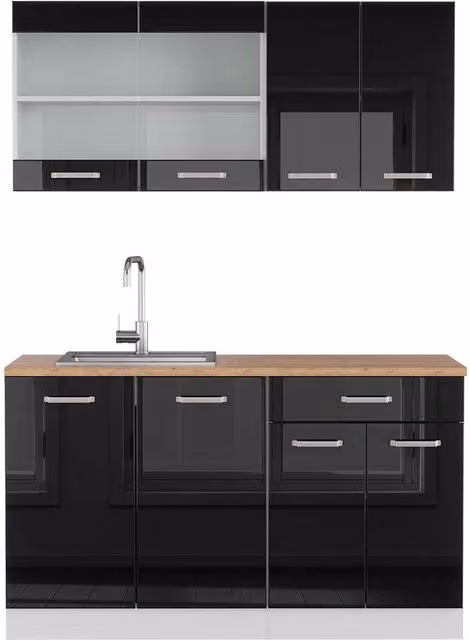 Cucina monoblocco R-Line Nero lucido/Bianco 140 cm, PL Rovere Vicco