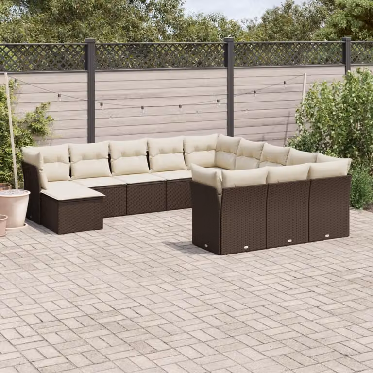 Set di divani da giardino vidaXL in polyrattan marrone con cuscini bianchi, 12 pezzi