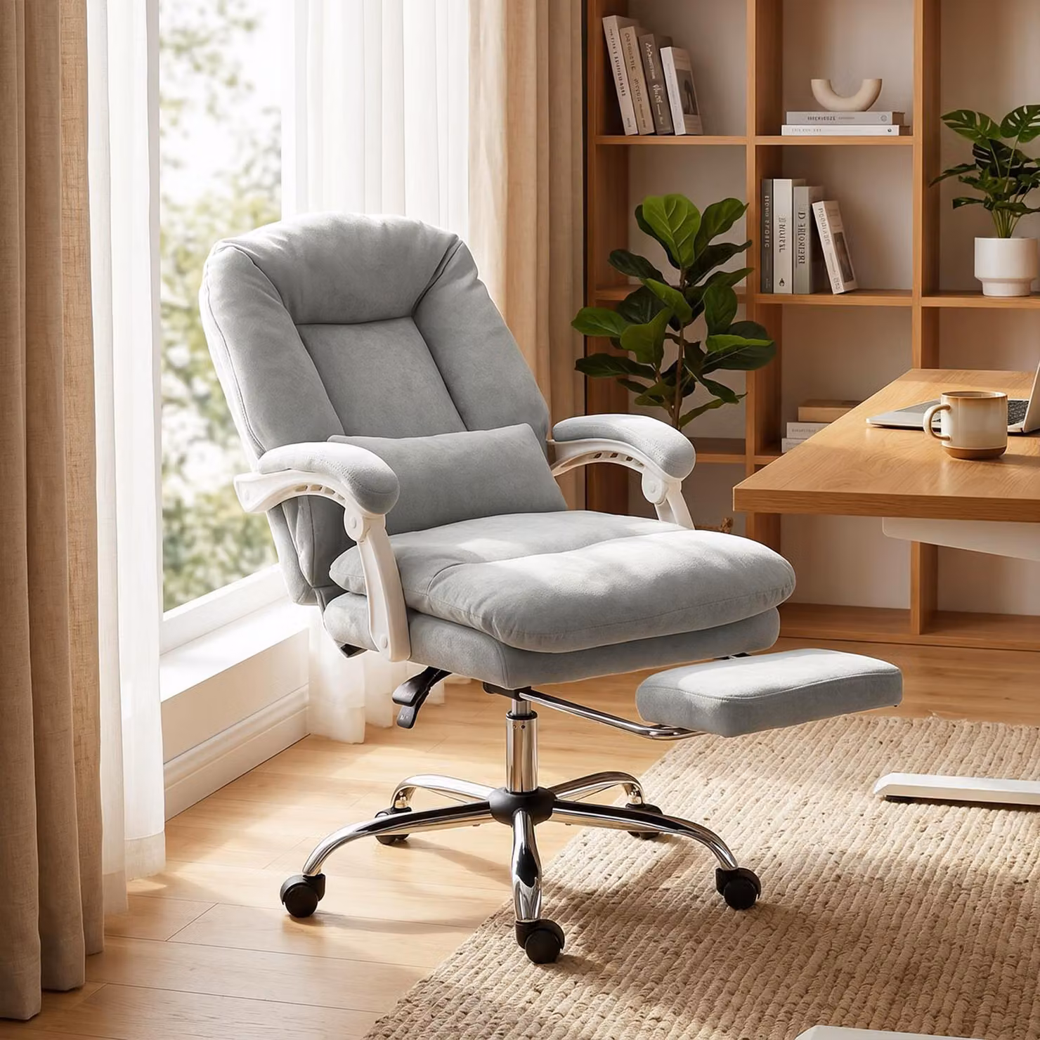 Sedia da ufficio ergonomica HOMCOM in velluto grigio chiaro con supporto lombare e poggiatesta, poltrona reclinabile con braccioli e altezza regolabile per home office – 2