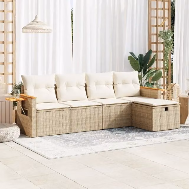 Set Divano da Giardino a L vidaXL in Polyrattan con Cuscini Beige e Bianco, 5 Pezzi