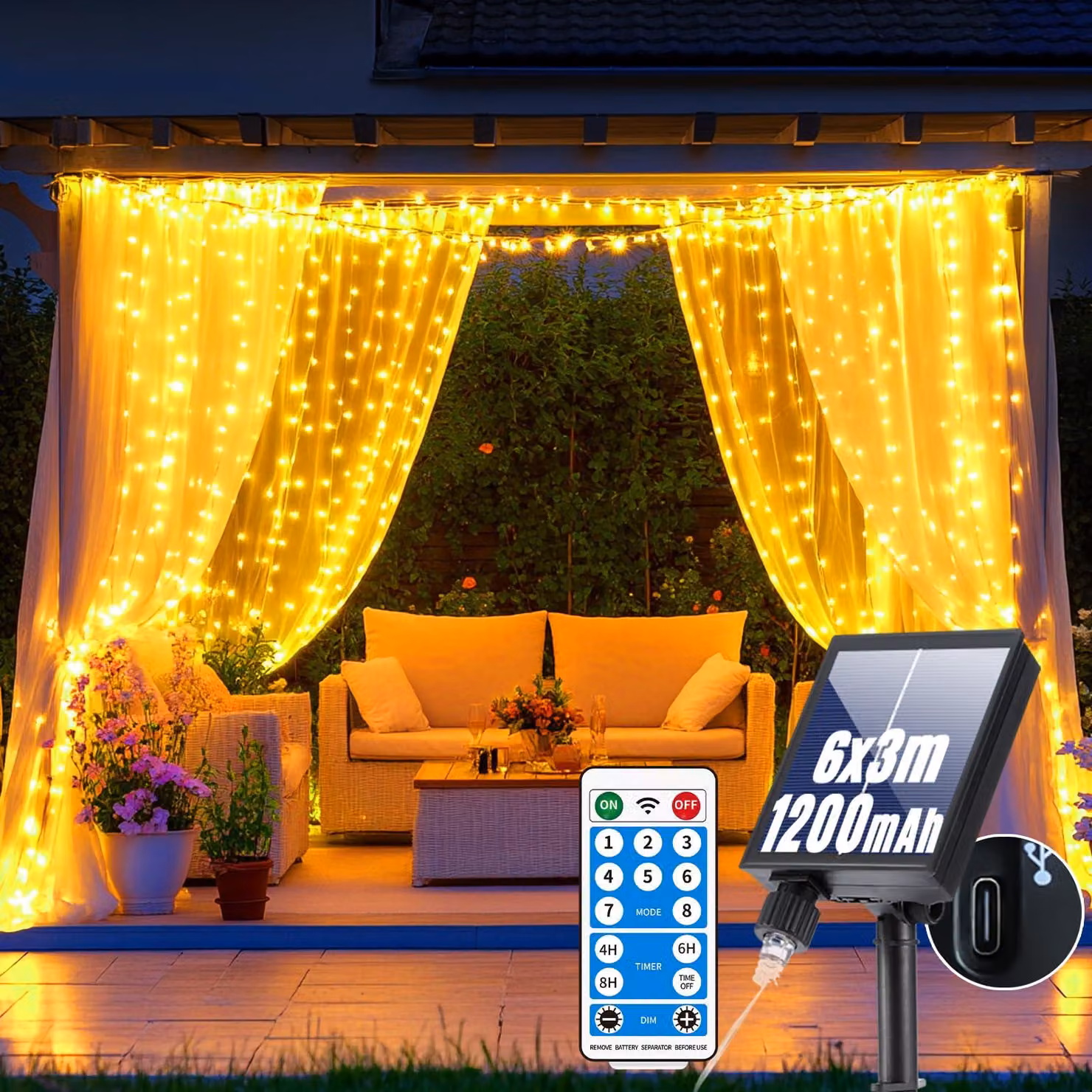 Tenda luminosa a energia solare, 6x3 metri, 600 LED, illuminazione a tenda, decorazione per matrimoni e feste