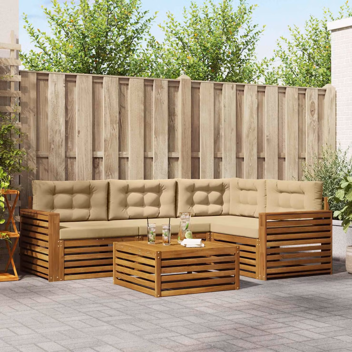 Set di divani da esterno vidaXL a forma di L in legno di acacia con tavolo da caffè, 5 pezzi, Beige e Marrone