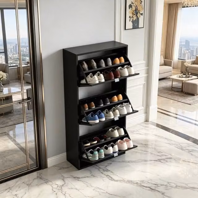 Scarpiera OKWISH moderna con 3 ante ribaltabili e ripiani interni in MDF, nero opaco, L: 60 cm, P: 26 cm, H: 124 cm