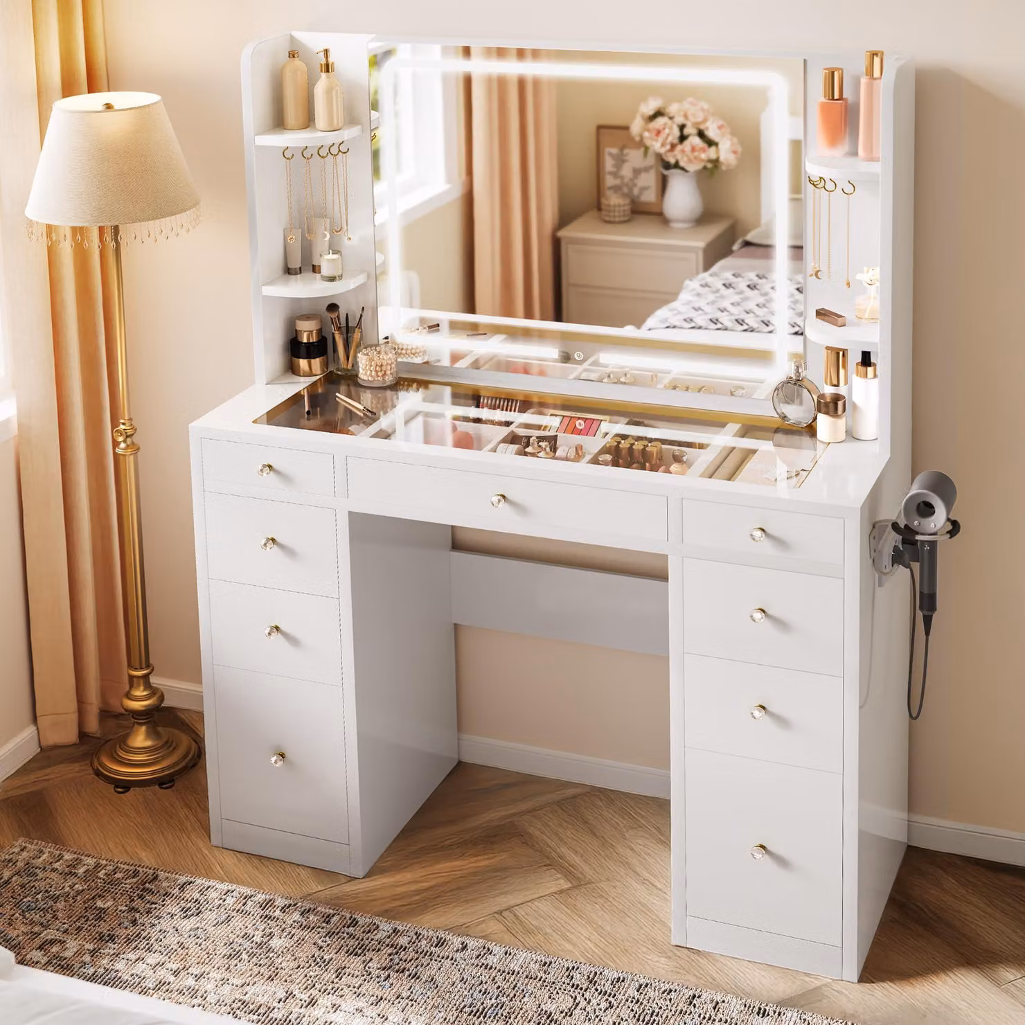 YITAHOME: Ampio tavolo da trucco con illuminazione LED regolabile e prese di corrente