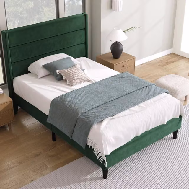 Letto singolo OKWISH con testiera imbottita in velluto verde, L/P/H: 90 x 200 x 113 cm