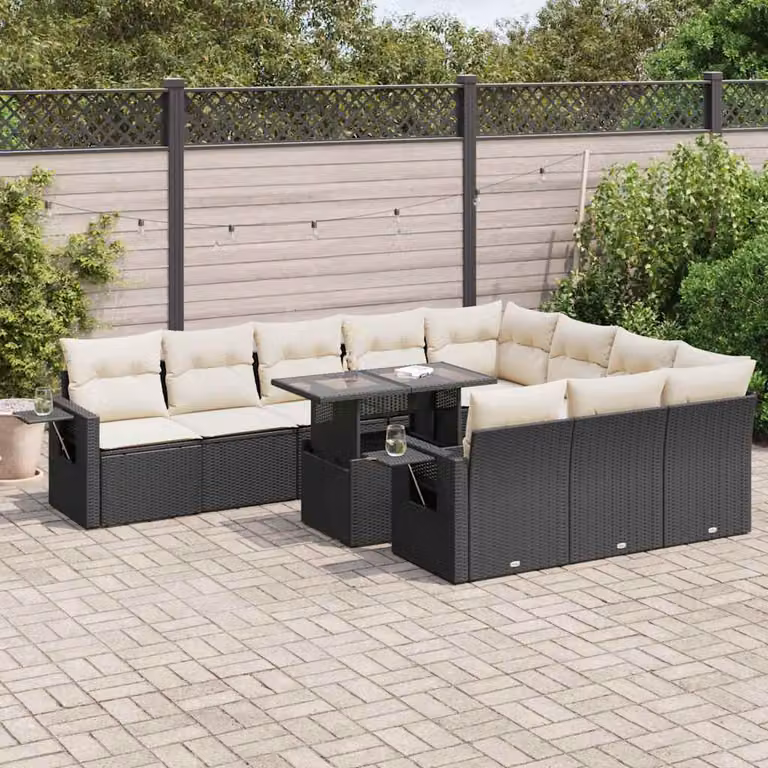 vidaXL Set Divani da Giardino 11 pz in Polyrattan Nero con Cuscini