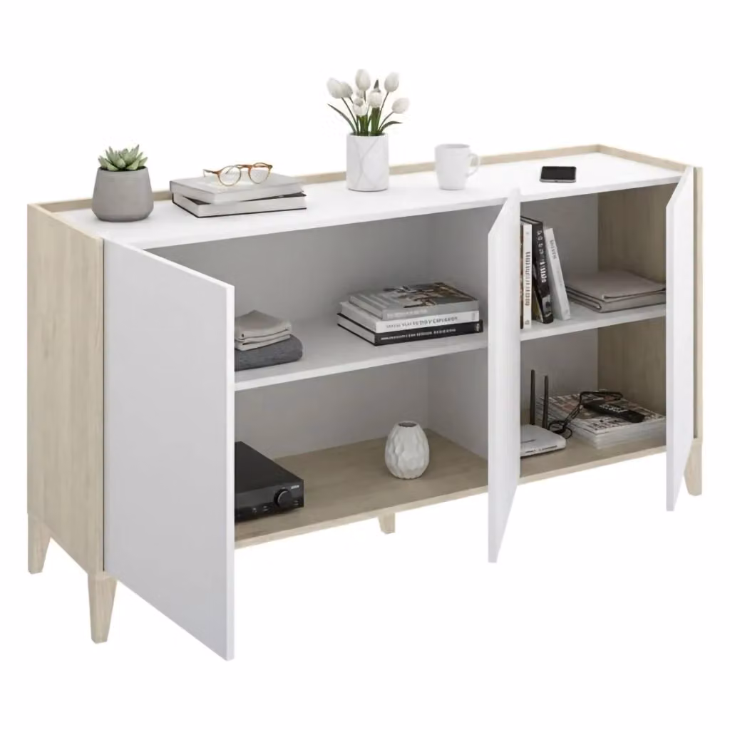 Madia Caribou DMORA con 2 ripiani, finitura bianco opaco e dettagli rovere, L 150 x P 40 x H 78 cm – 2