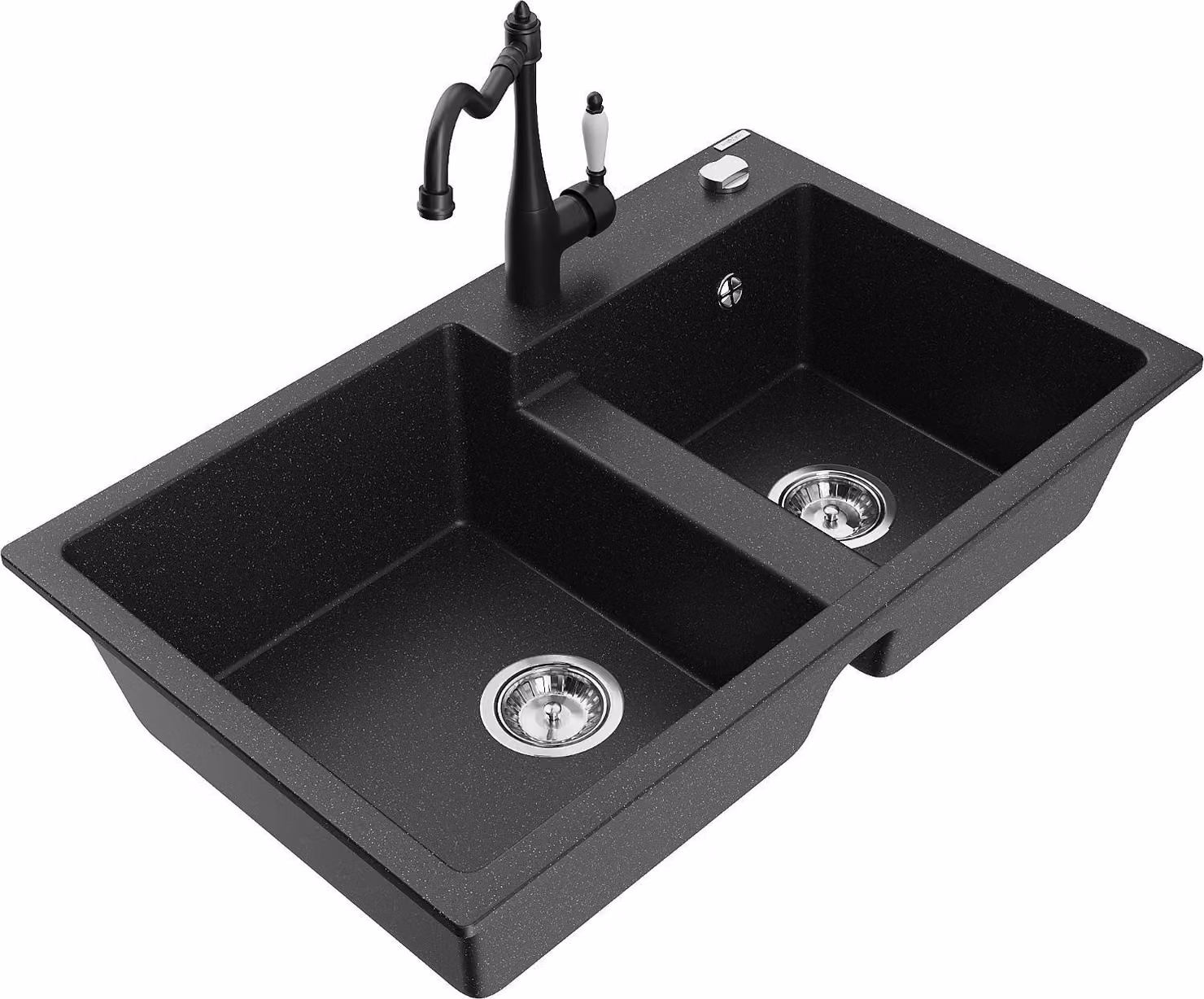 Mexen Tomas lavello in granito a 2 vasche con rubinetto da cucina Carla, nero/argento metallizzato - 6516-73-670700-70
