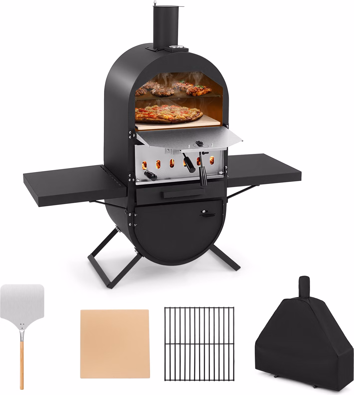 Forno per pizza da esterno KOMFOTTEU, forno a due ripiani, forno a legna portatile in acciaio inossidabile, max 400 °C, forno per pizza con pietra refrattaria, pala per pizza, griglia e termometro