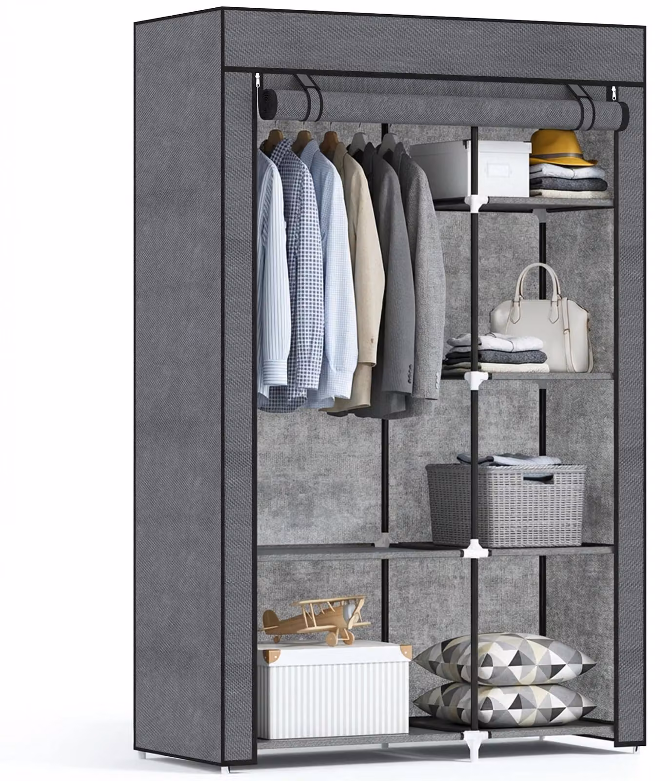 Armadio - Armadio in tessuto - 6 ripiani - Barra appendiabiti - Chiusura a zip - Struttura in metallo - 103 x 43 x 162,5 cm - Grigio scuro