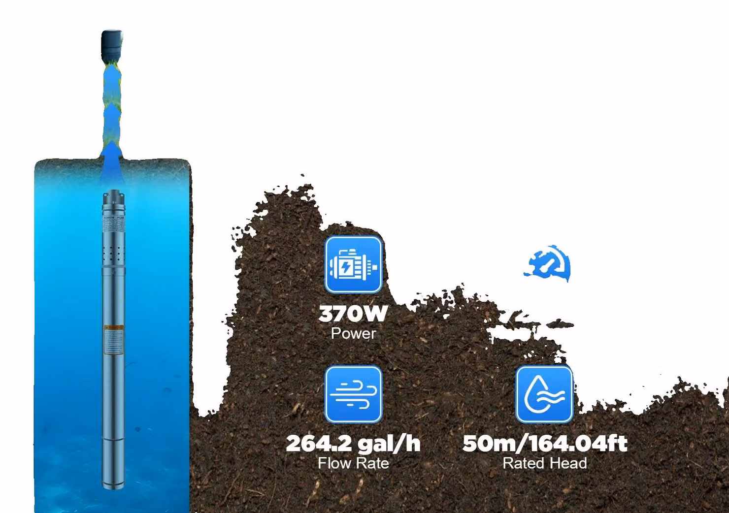 Pompa sommersa per pozzi, 370W, portata massima 1000 L/h, tensione 220V, potenza nominale 0,37 kW, grado di impermeabilità IP65