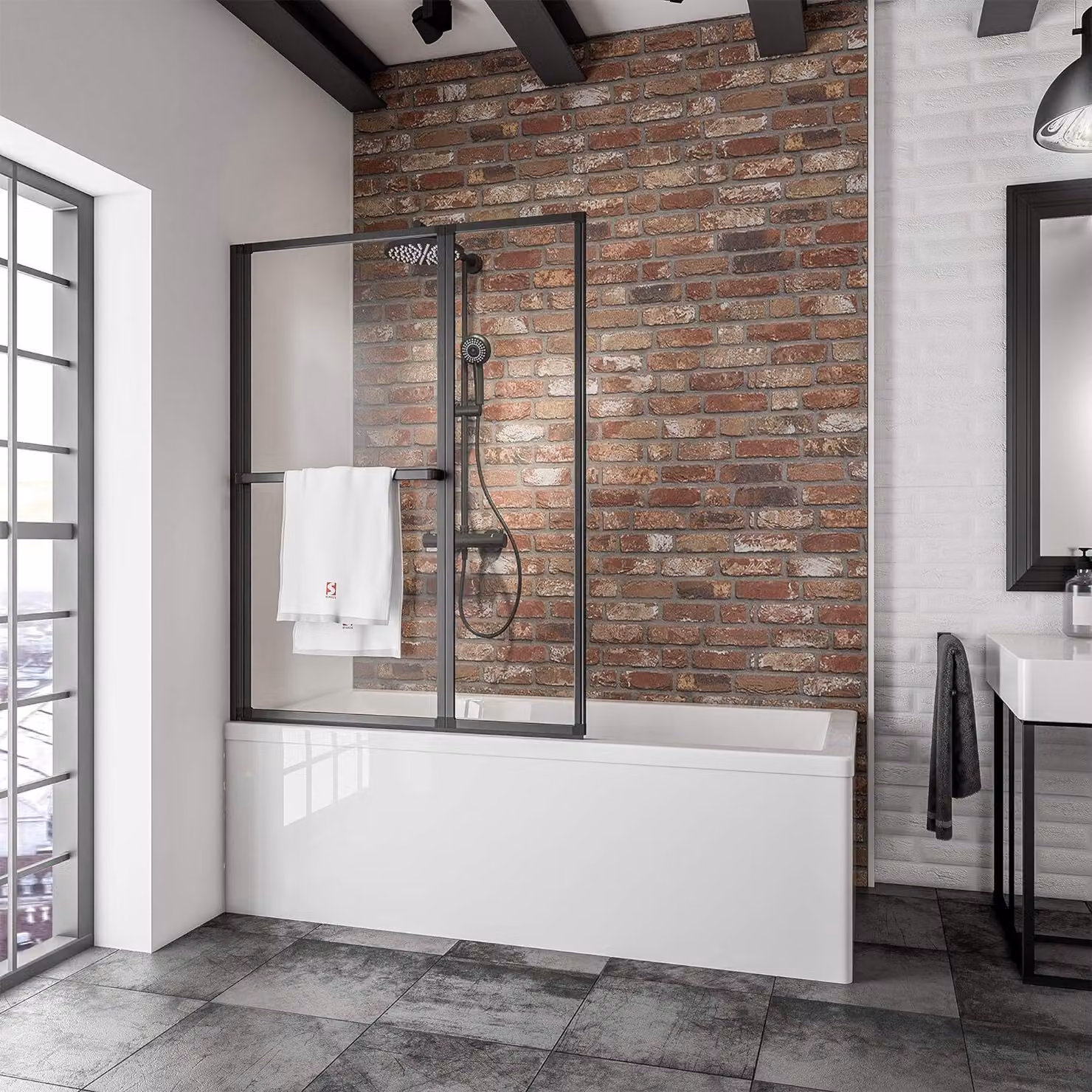 Sopraelevazione per vasca da bagno Schulte in 2 pezzi, 109 cm x 140 cm, vetro di sicurezza ESG trasparente chiaro, con portasciugamani, colore del profilo: nero opaco
