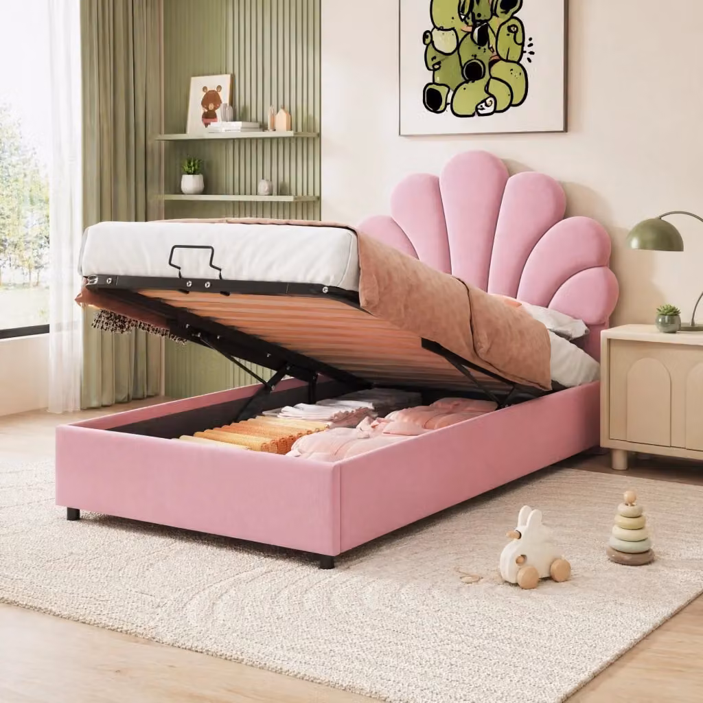 Letto Imbottito REDOM Rosa con Testiera Floreale e Contenitore Idraulico L/P/H: 203 x 115 x 94 cm – 2