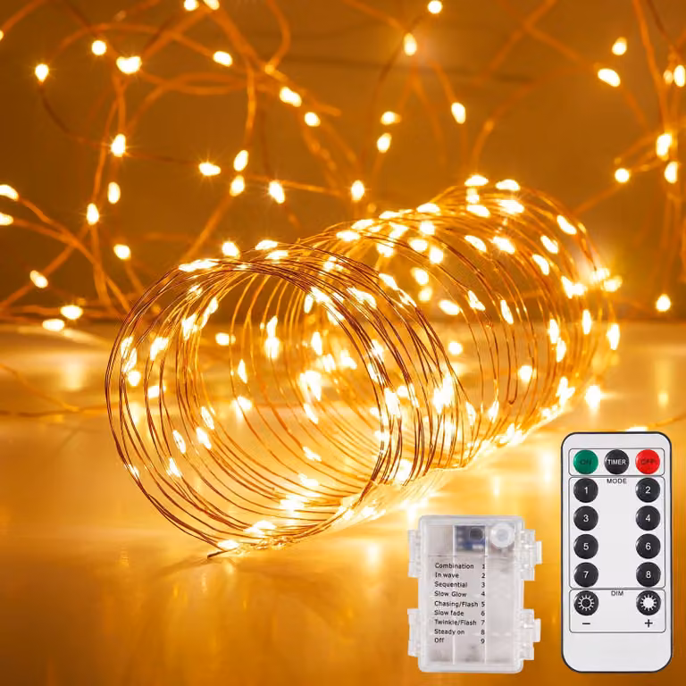 Catena luminosa a LED da 20 metri, luce bianco caldo, alimentazione a batteria, grado di protezione IP44