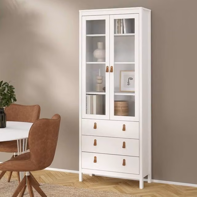 Vetrina Lazio DMORA bianca con ante in vetro per soggiorno e ufficio, L: 78 cm, P: 33 cm, H: 199 cm – 1