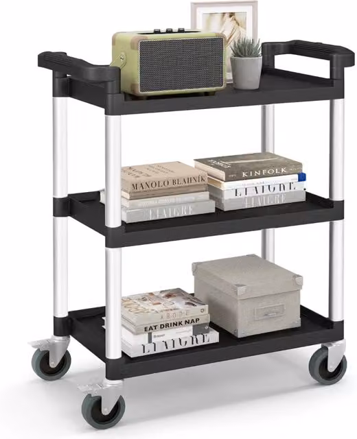 Carrello di servizio Design Mania a 3 livelli con ruote bloccabili e maniglie in alluminio, Nero e Argento