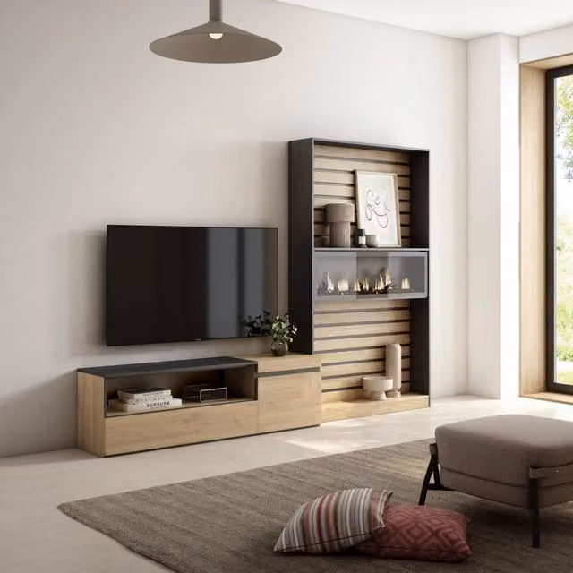 Mobile TV da soggiorno SKRAUT HOME con camino elettrico per TV fino a 65 pollici, colore Rovere e nero, L: 260 cm, P: 35 cm, H: 186 cm – 1