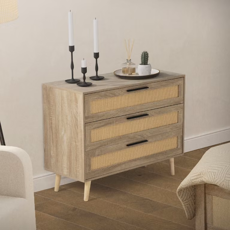 ML-Design credenza a cassettiera con frontale in rattan, 100x77x40 cm, effetto rovere, per soggiorno e corridoio