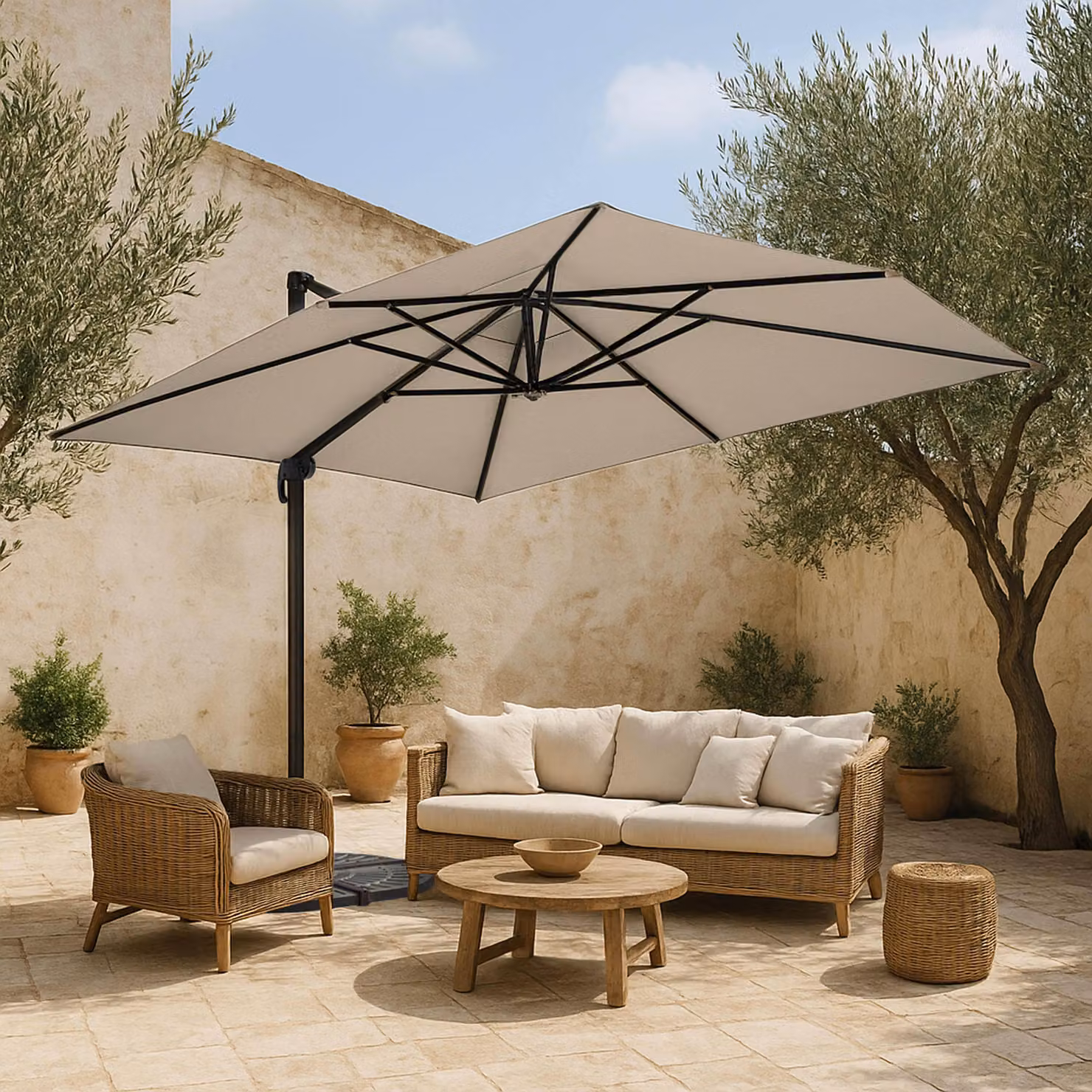 Ombrellone 3x4m Bianco Inclinabile Girevole + 4 Marmette - Oviala Caserta