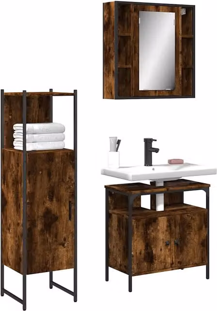 Set Mobili da Bagno 3 pz Rovere Fumo in Legno Multistrato 3214757