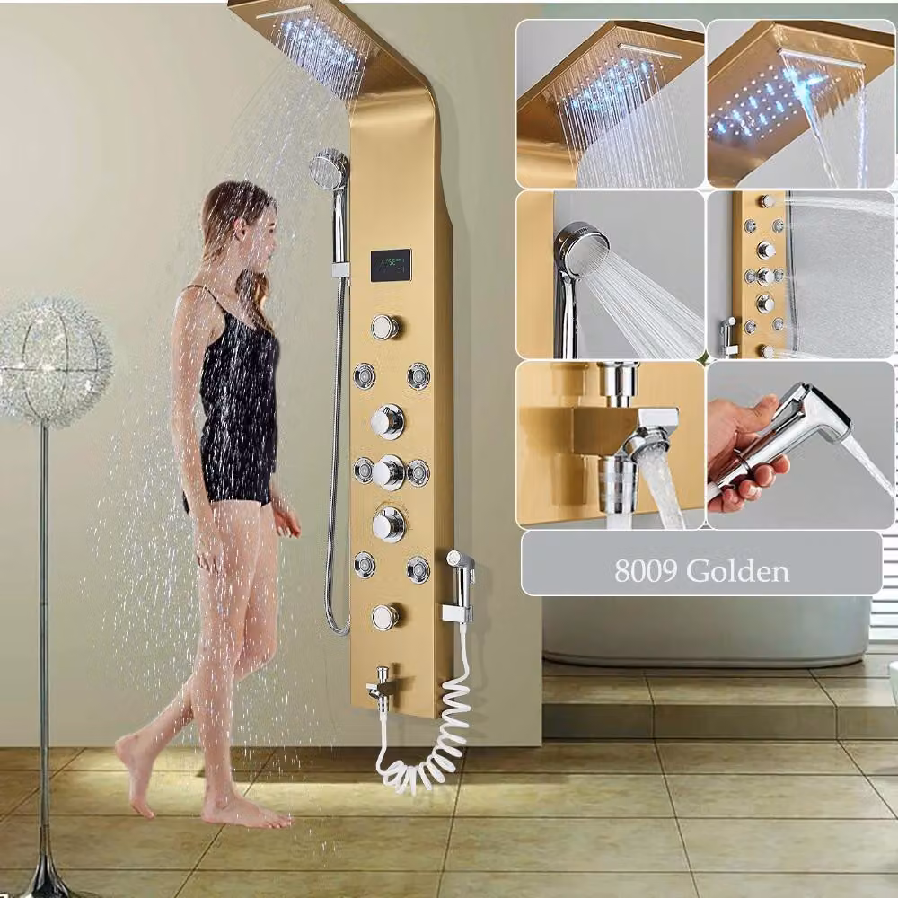 Pannello doccia LED - Modello 8009 - Doccia a cascata effetto foresta pluviale - Getto massaggio - Doccetta manuale - Miscelatore a tre manopole - Luci LED blu - Finitura in nichel spazzolato - Oro