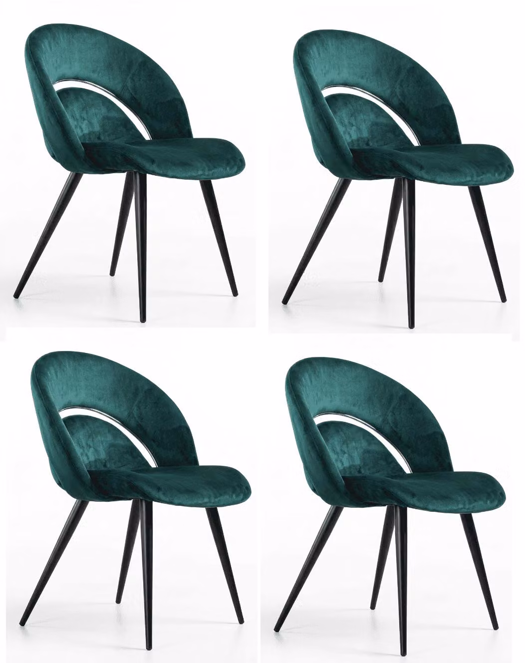 Set di 4 eleganti sedie da pranzo, colore verde smeraldo, rivestite in velluto, forma ovale
