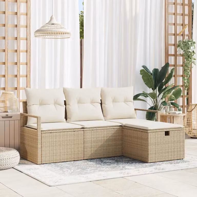 Set Divano da Giardino a L vidaXL in Polyrattan Beige con Cuscini e Tavolino da 4 Pezzi