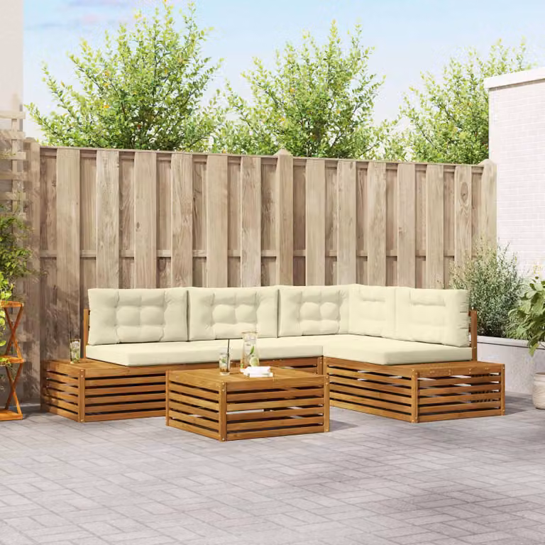 Set di divani da esterno a L vidaXL in legno di acacia con cuscini, colore beige, bianco e marrone