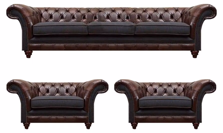 Braun-Graue Chesterfield Sitzgarnitur 2x Ledersessel Dreisitzer 3tlg Set
