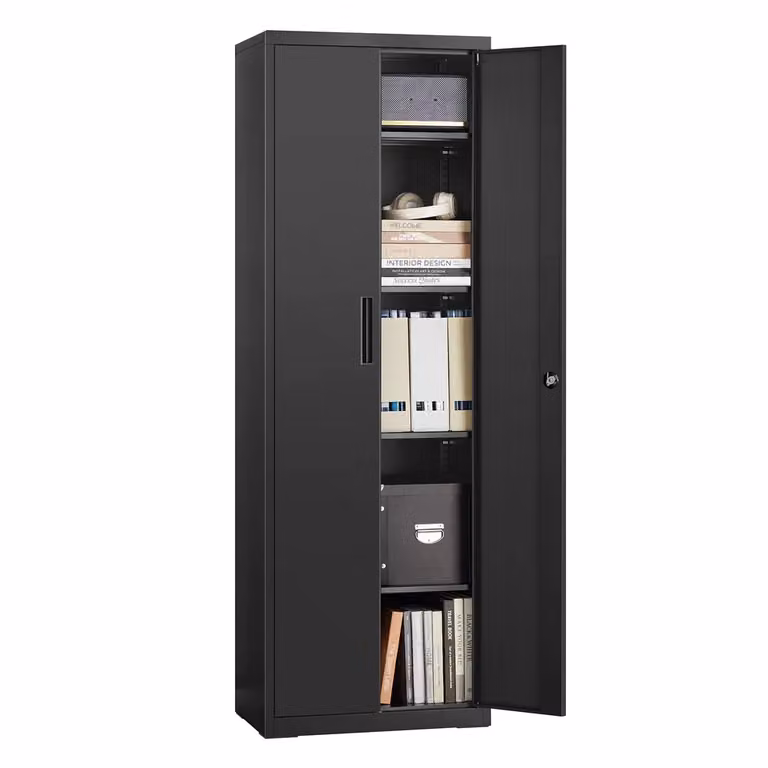 Armadietto Multiuso con 5 Ripiani Anta Doppia e Chiusura per Strumenti Bianco, Nero Opaco
