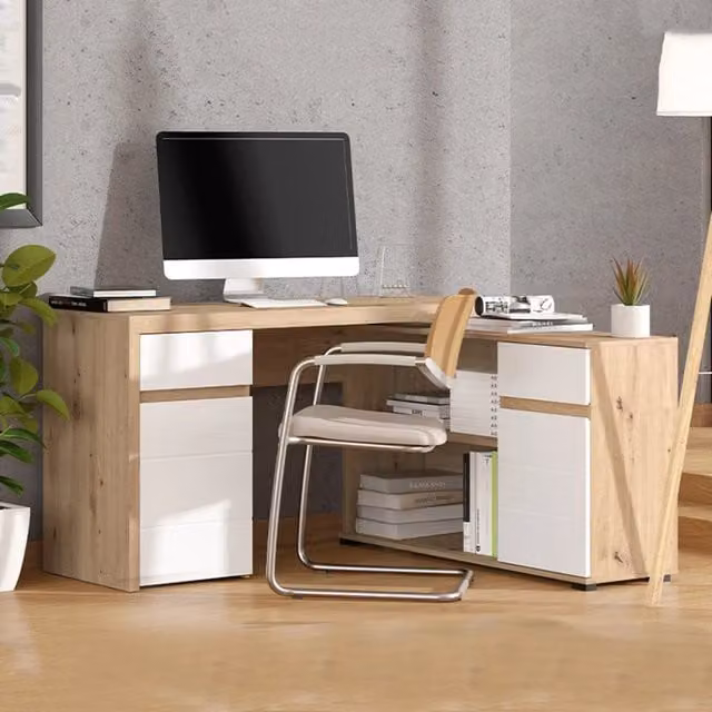 Scrivania Angolare Piran DMORA con Mobile Cassettiera, Rovere e Bianco, L/P/H: 140 x 124 x 77 cm – 1