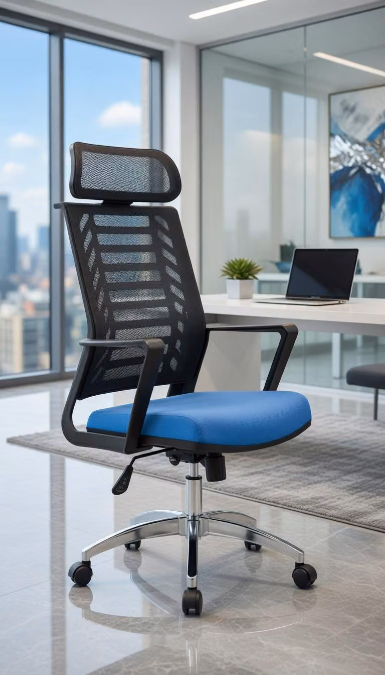 Moderna sedia da ufficio con rivestimento in rete e Pelle finta nei colori blu e nero
