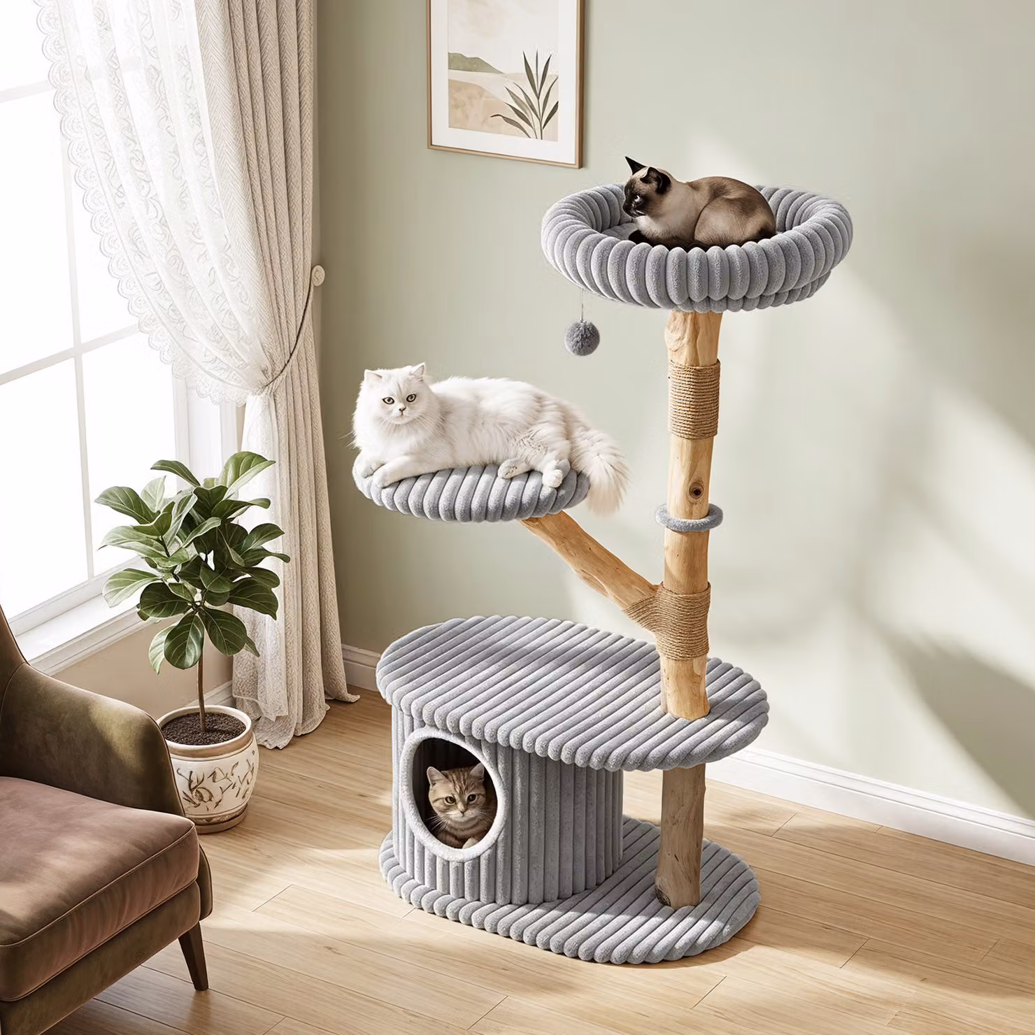 Albero per gatti Costway a 4 livelli in legno di pero con cuscino rimovibile, Tiragraffi Grigio, Altezza: 105 cm