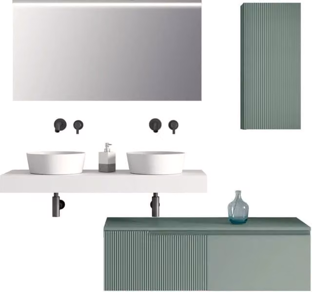 Composizione bagno con doppio lavabo Venere di AQA DESIGN, 7 pezzi, bianco e salvia, con illuminazione LED e ante soft-close