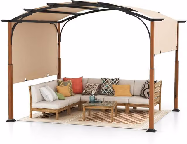 Pergola da esterno Costway con telaio curvo in metallo e tettuccio retrattile in poliestere, L: 360 cm, P: 300 cm, H: 260 cm, Beige o Grigio – 1