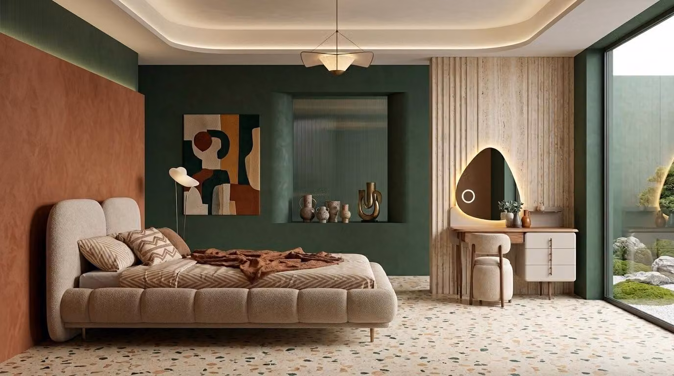 Bett Schminktisch Pouf Schlafzimmer Stil modern beige komfortabel weich