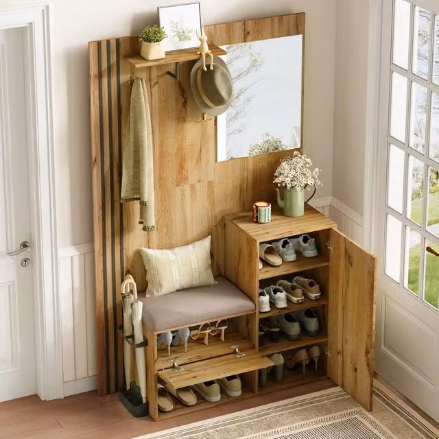 Mobile da ingresso moderno con specchio, seduta imbottita, appendiabiti e ripiani regolabili in MDF, colore naturale e nero, L: 115 cm, P: 37 cm, H: 185 cm