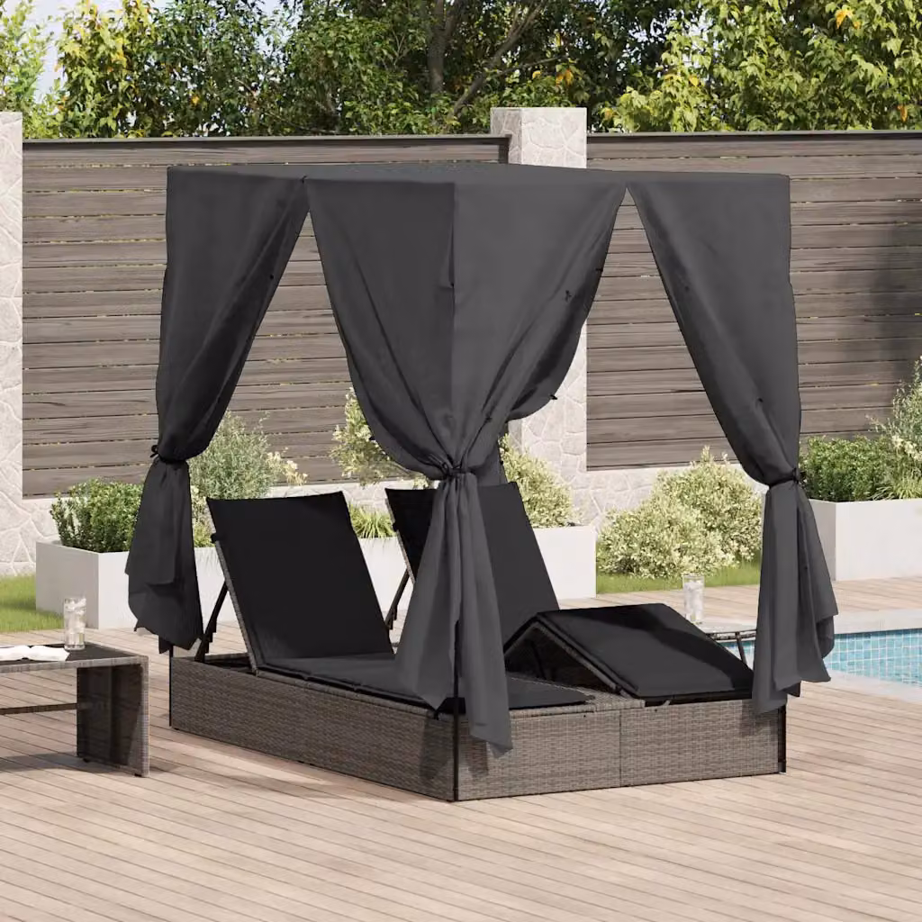 vidaXL Lettino da sole doppio in polyrattan grigio con parasole e poggiatesta regolabile L/P/H: 205 x 129 x 200 cm – 1